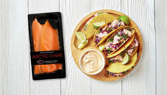 Arctic char nigiri potential displayed with fresh fillets beside taco servings and creamy dip.