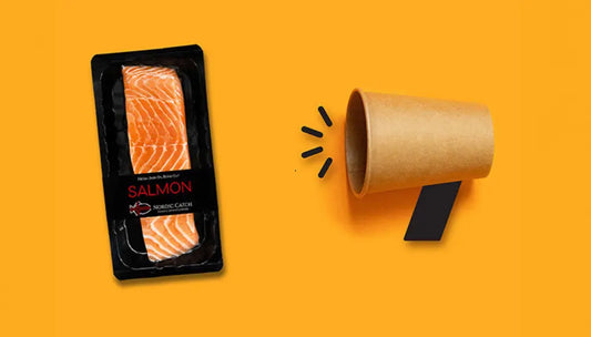 Storage for raw fish shown with packaged salmon fillet on a vibrant orange background.