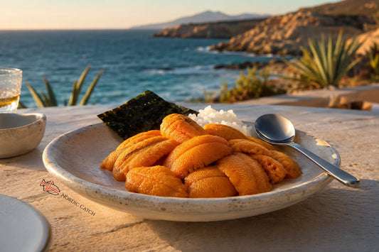 A plate of fresh orange sea urchin sushi with white rice, a piece of dark nori seaweed, and a metal spoon, set on a stone table with a scenic ocean and rocky coastline in the background.