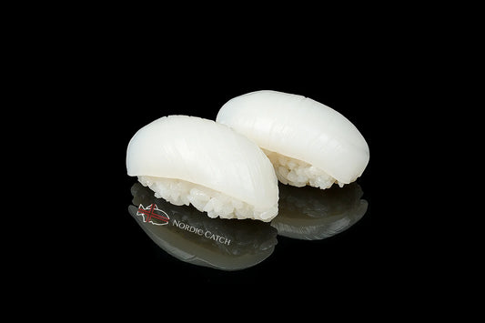Two pieces of white cuttlefish nigiri sushi on black slate with Nordic Catch branding against black background