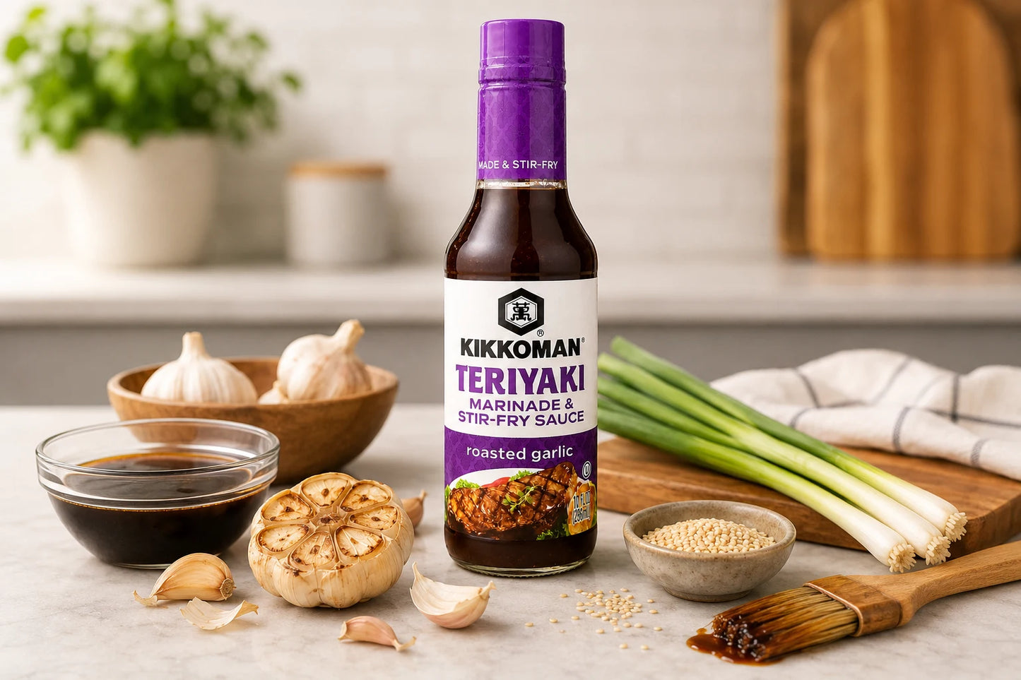 Kikkoman Teriyaki sauce bottle on a kitchen counter with ingredients