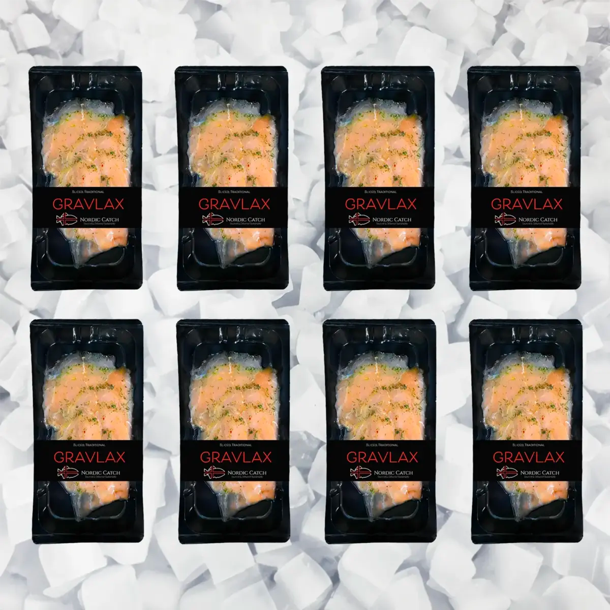 Eight packages of Nordic Catch premium Gravlax cured salmon displayed on crushed ice background