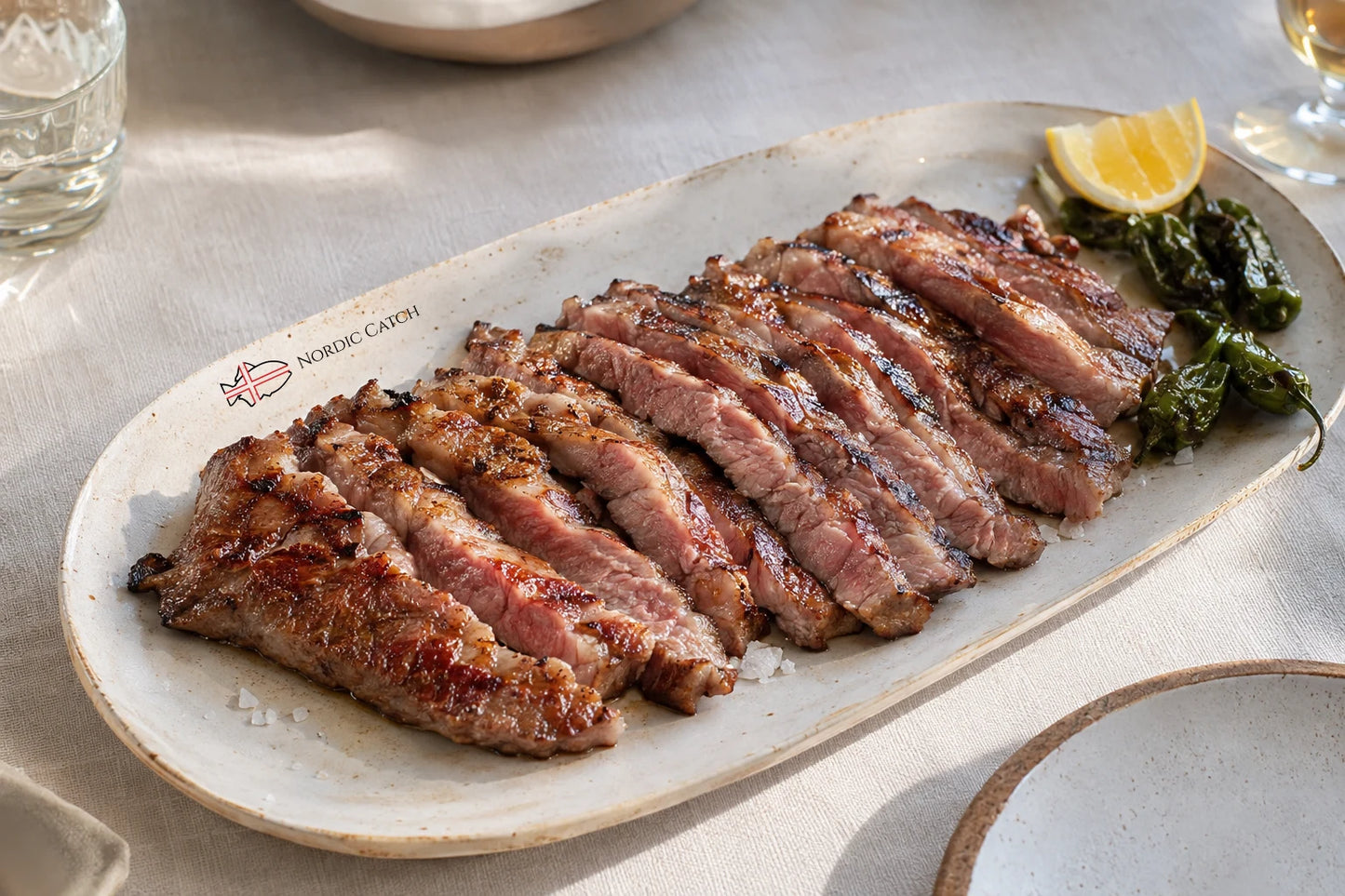 Sliced grilled Iberico secreto on a long oval ceramic platter with a lemon wedge and green garnish, set on a light tablecloth. The platter has the brand name 'NORDIC CATCH' printed on it.