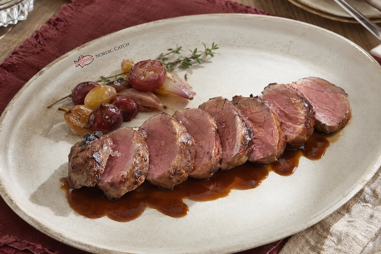 Sliced cooked Iberico tenderloin on a large beige plate with roasted vegetables and sauce, photographed in a restaurant setting on a red cloth napkin. The plate has a small visible 'Nordic Catch' logo.