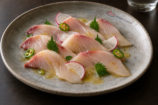 A plate of raw sashimi yellowtail slices with pink edges, garnished with green shiso leaves, sliced radishes, and jalapeño rings, served on a textured gray ceramic plate. The plate has a small logo for 'Nordic Catch' printed near the rim.
