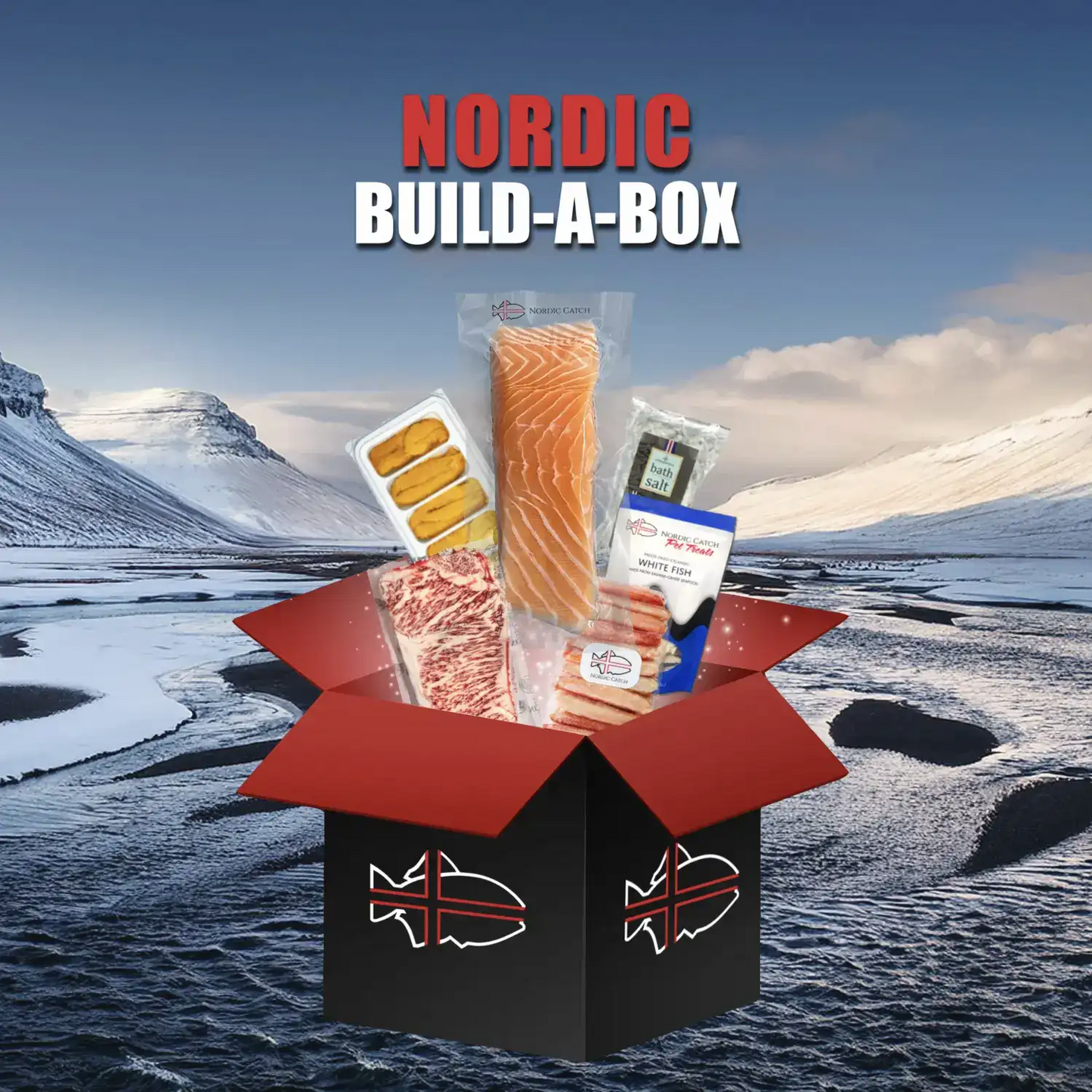 Meat and seafood box featuring Icelandic salmon, white fish, cured meats, smoked seafood, sea salt, and potato slices displayed in an open red and black box against a snowy mountain landscape