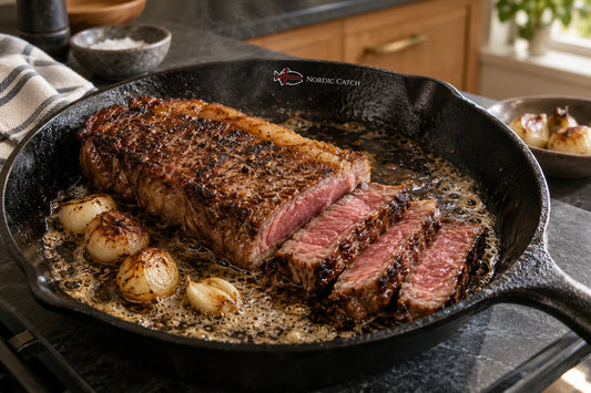 A cast iron skillet on a stovetop with a seared NY Strip steak and sliced pieces, accompanied by roasted garlic or onions, in a kitchen setting. The skillet has a visible Nordic Catch logo.