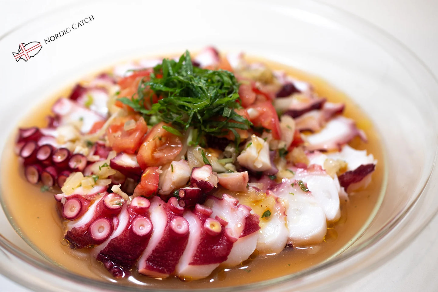Ceviche dish with octopus and vegetables on a white plate