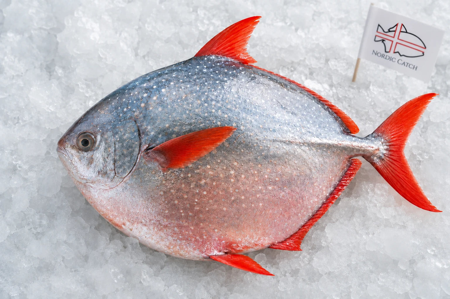 A whole Opah fish with a silver-blue back, pinkish-red belly, and bright red fins resting on crushed ice, with a small 'Nordic Catch' flag in the upper right.
