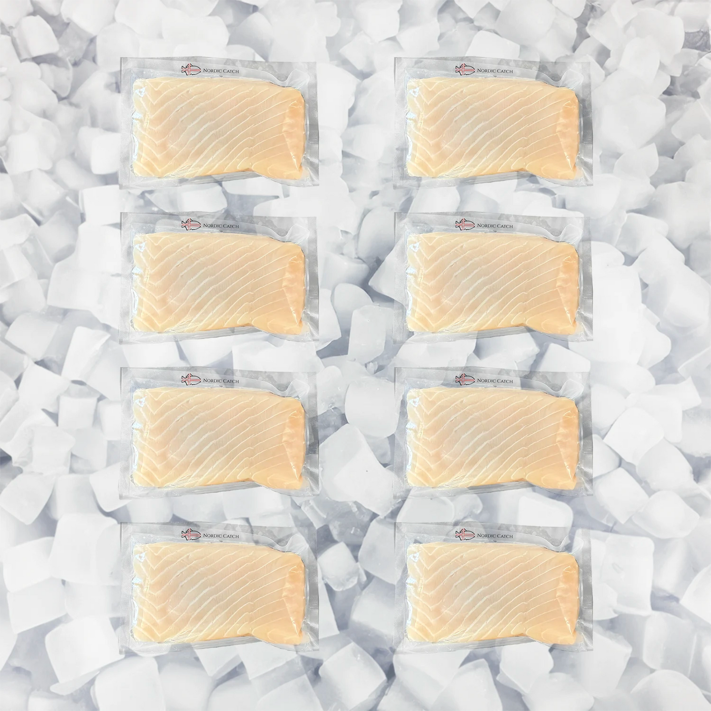 Eight vacuum-sealed packages of salmon fillets arranged in two columns on a bed of white ice cubes. The salmon has a light orange-pink color typical of fresh salmon, and each package has a small red logo on the top left.
