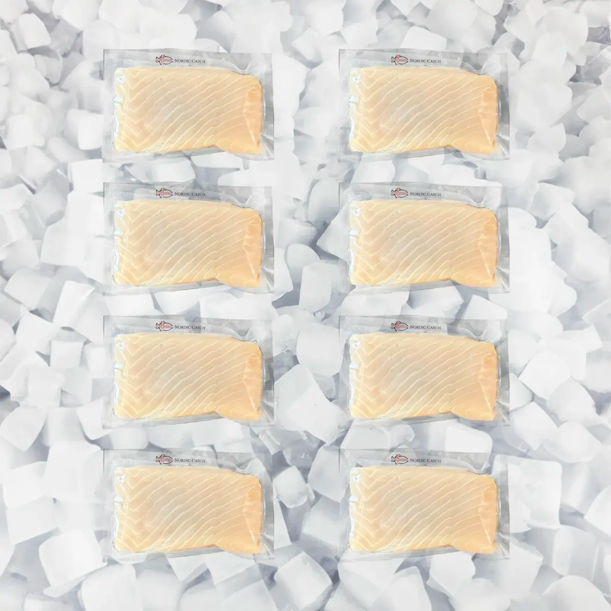 Eight vacuum-sealed packages of salmon fillets arranged in two columns on a bed of white ice cubes. The salmon has a light orange-pink color typical of fresh salmon, and each package has a small red logo on the top left.