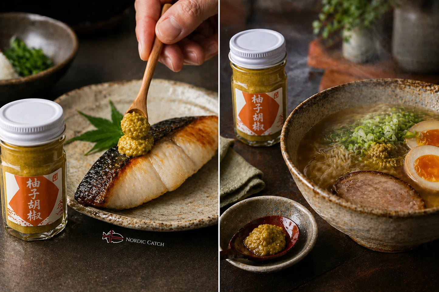 Collage of a hand using a wooden spoon with mustard, jars of mustard, and a bowl of soup.