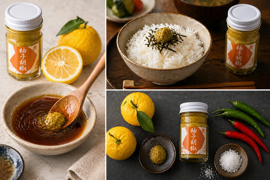 Collage of images featuring jars of a yellow condiment, lemons, and a bowl of rice with seaweed.