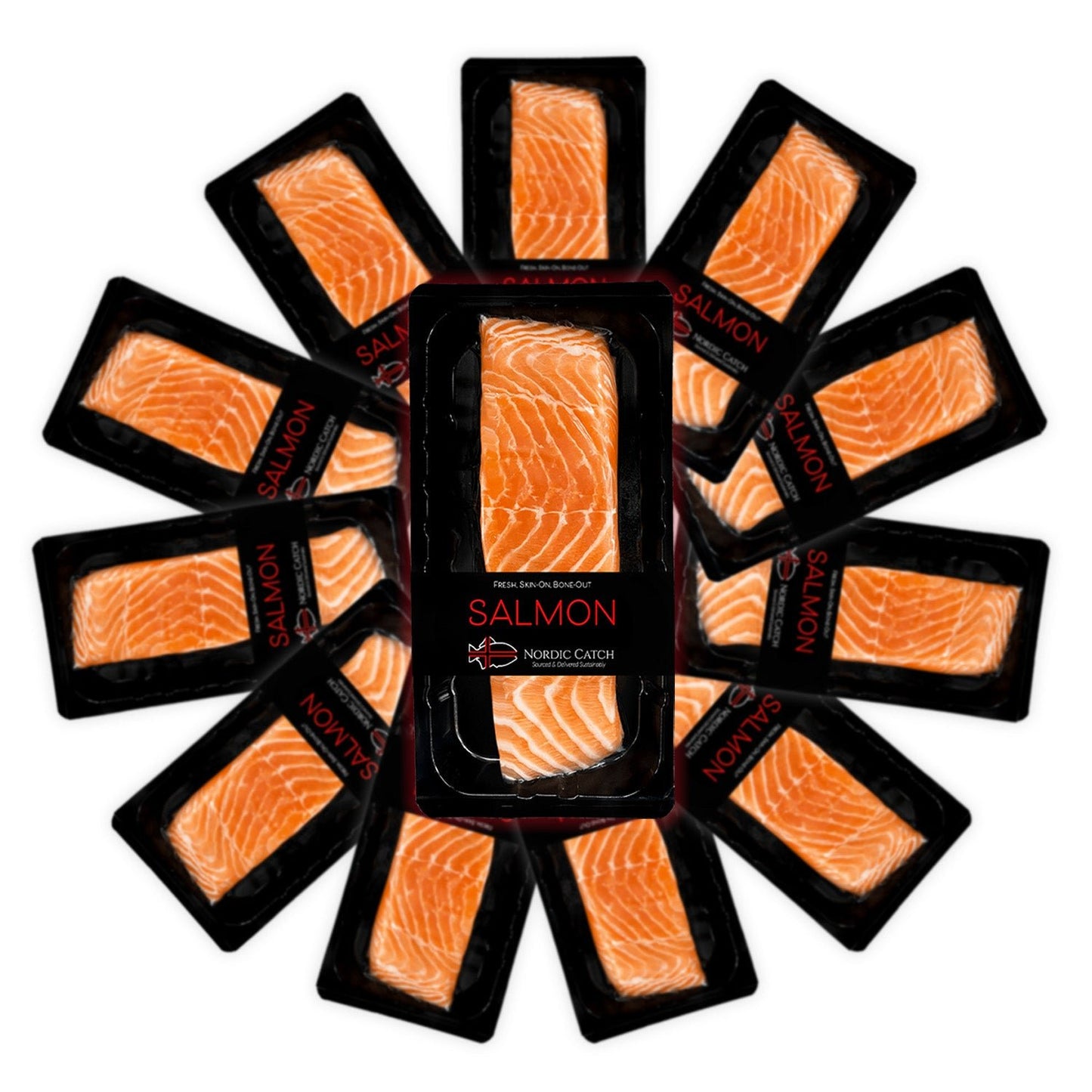 Fresh salmon delivery featuring multiple vacuum-sealed salmon fillets arranged in a circular pattern with vibrant orange color.