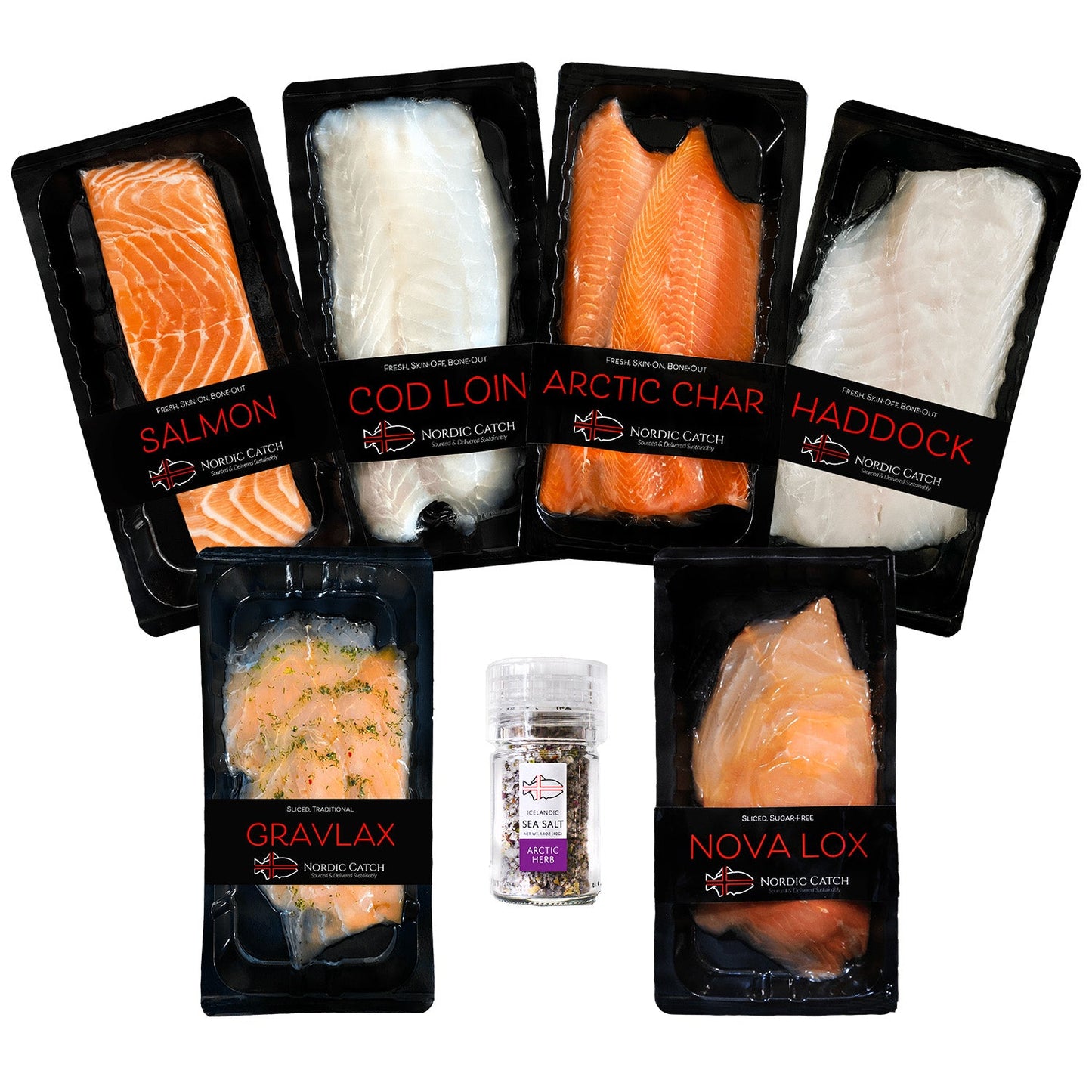 Fresh seafood delivery assortment featuring salmon, cod loin, Arctic char, haddock, gravlax, nova lox, and Icelandic sea salt.
