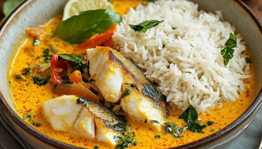 Fresh fish fillets in golden coconut curry with basil, red peppers, and white rice served in a ceramic bowl with lime wedge