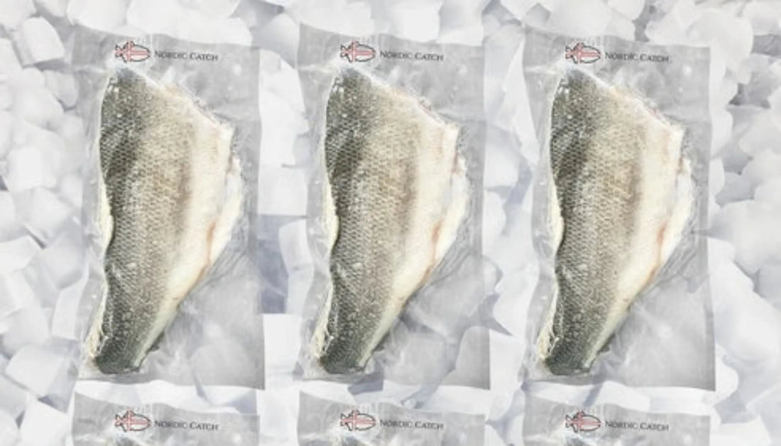 Gourmet seafood at-home delivery showing three Nordic Catch vacuum-sealed fish fillets displayed side by side on a bed of crushed ice