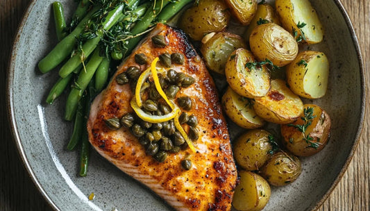 Seafood online recipe inspiration featuring a seared fish steak topped with capers and lemon zest, plated with roasted potatoes and green beans