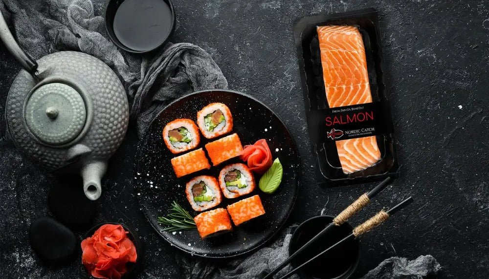 Healthy fish option shown as salmon sushi rolls beside Nordic Catch packaged fillet and Japanese teapot set.