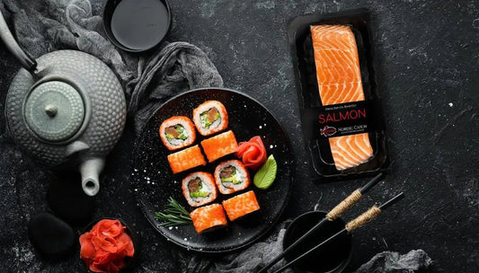 Healthy fish option shown as salmon sushi rolls beside Nordic Catch packaged fillet and Japanese teapot set.