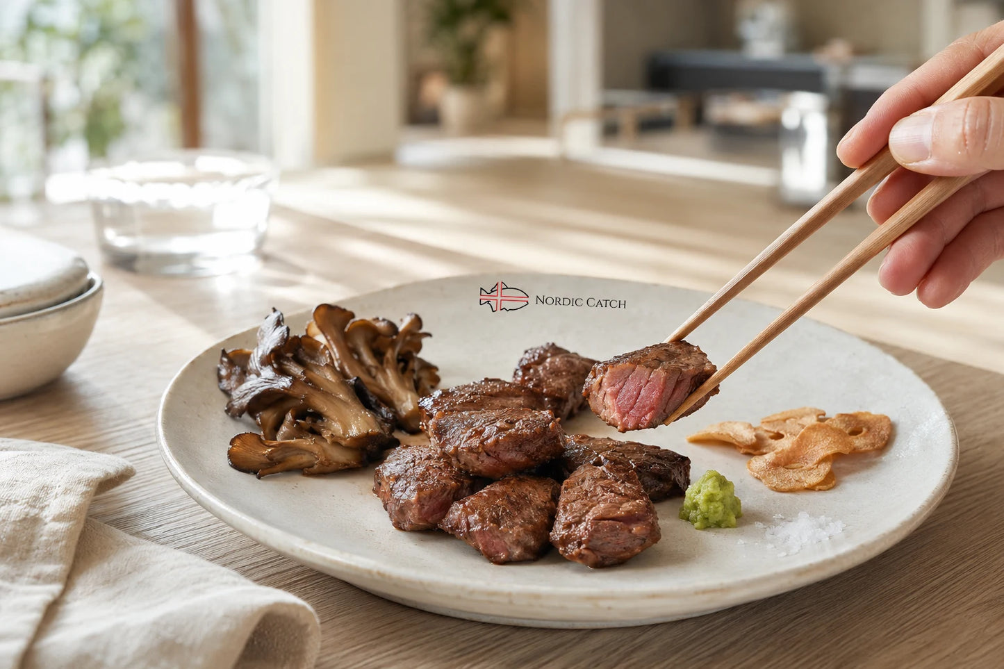 A close-up of a hand using wooden chopsticks to lift a piece of cooked wagyu from a ceramic plate. The plate contains several pieces of cooked wagyu, brown mushrooms, pickled onions, and a small green garnish, with the brand name 'NORDIC CATCH' printed on the front.