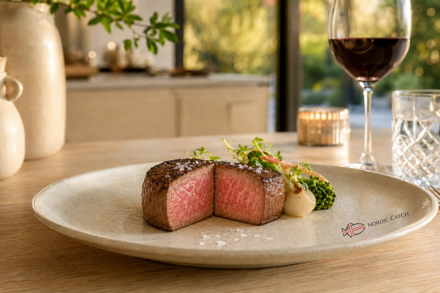 A plated cut of medium-rare steak with pink center, served with broccoli, a garlic bulb, and garnish on a light beige ceramic plate. The plate has the 'NORDIC CATCH' logo printed in the bottom right corner.