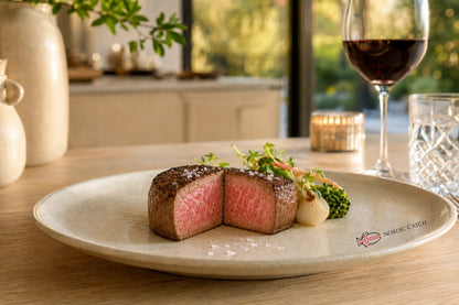 A plated cut of medium-rare steak with pink center, served with broccoli, a garlic bulb, and garnish on a light beige ceramic plate. The plate has the 'NORDIC CATCH' logo printed in the bottom right corner.