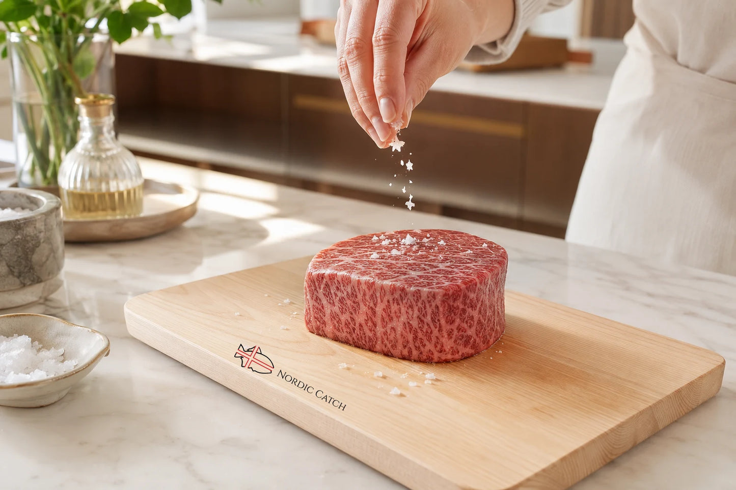 A raw marbled A5 Filet Mignon cut rests on a wooden cutting board with the brand name 'Nordic Caviar' printed on it, while a person's hand sprinkles salt over the meat in a bright kitchen setting.