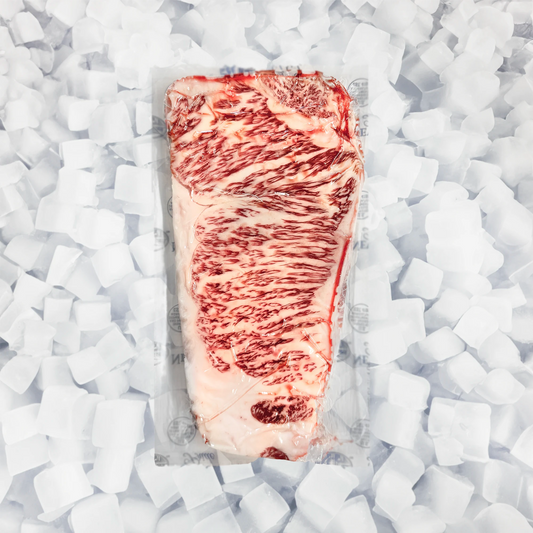 A vacuum-sealed cut of marbled NY  strip wagyu steak placed on white ice cubes.