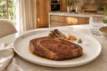 A seared wagyu ribeye served on a white plate with garnishes, set on a dining table in a warm, modern kitchen interior. The plate is branded with the 'Nordic Catch' logo.