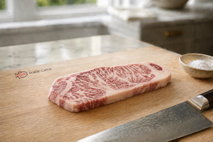 A raw, highly marbled wagyu NY strip steak rests on a wooden cutting board, with a chef's knife and a small bowl of sea salt nearby in a bright kitchen setting. The 'NORDIC CATCH' brand logo is visible on the left side of the board.