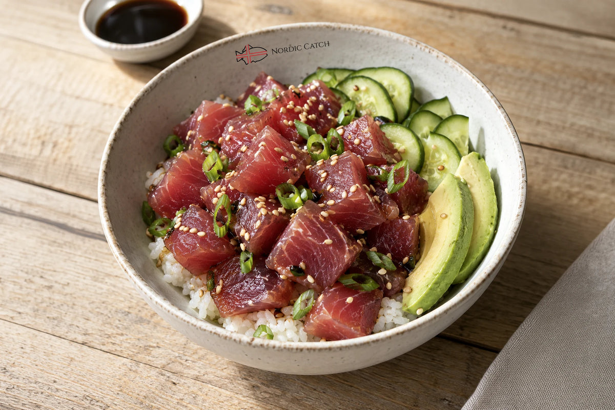 Ahi Tuna poke bowl with a side of cucumber and avocado
