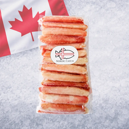 Frozen crab leg segments stacked in clear package with Nordic Catch branding on crushed ice background with Canadian flag