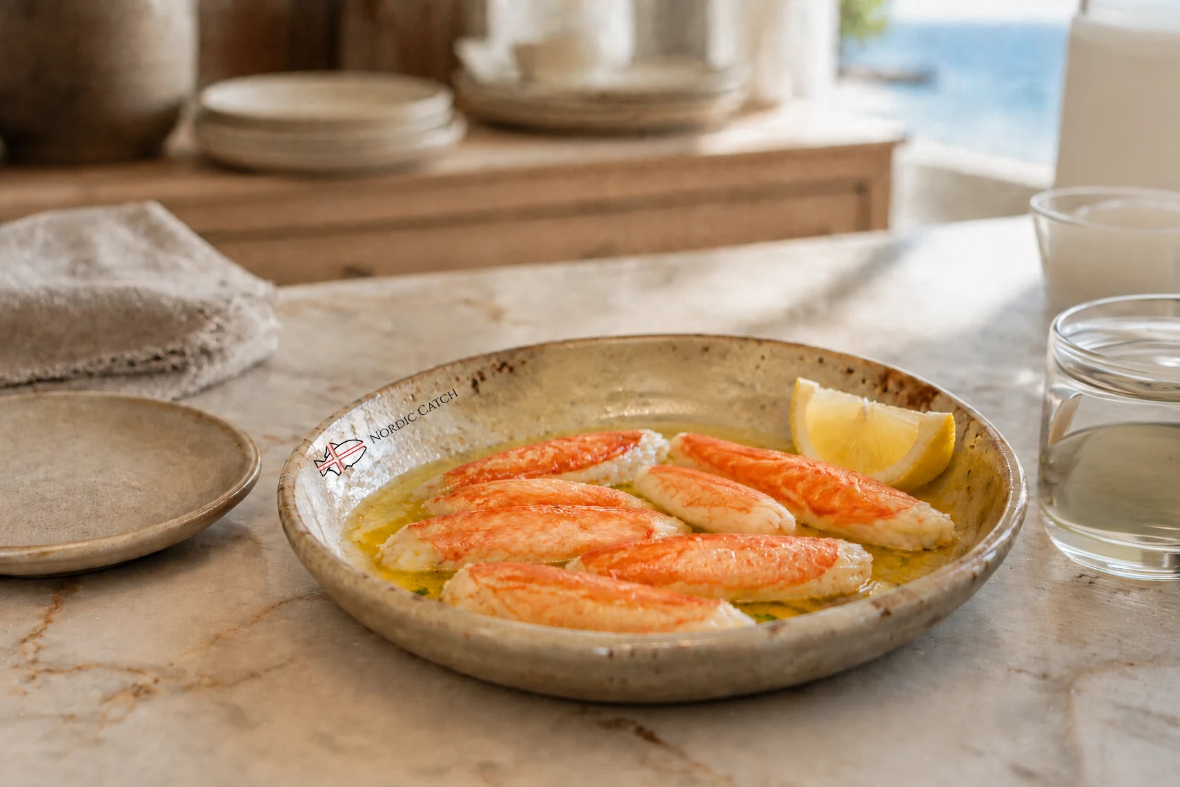 A ceramic plate with a rustic speckled beige glaze, containing cooked snow crab leg meat on a bed of white wine vinegar oil, garnished with a lemon wedge, set on a marble tabletop.