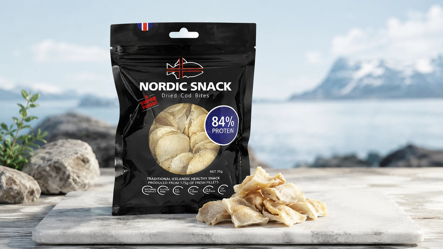 Nordic Snack package with dried cod slices on a wooden surface with a scenic background