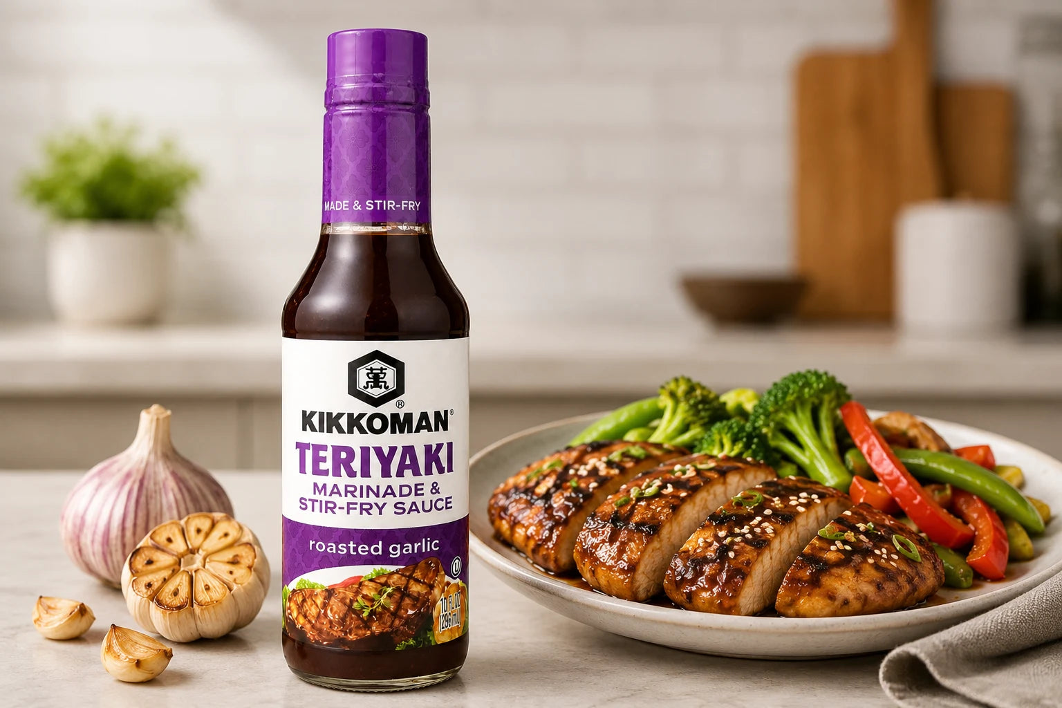 Kikkoman Teriyaki sauce bottle with a plate of teriyaki chicken and vegetables on a kitchen counter.