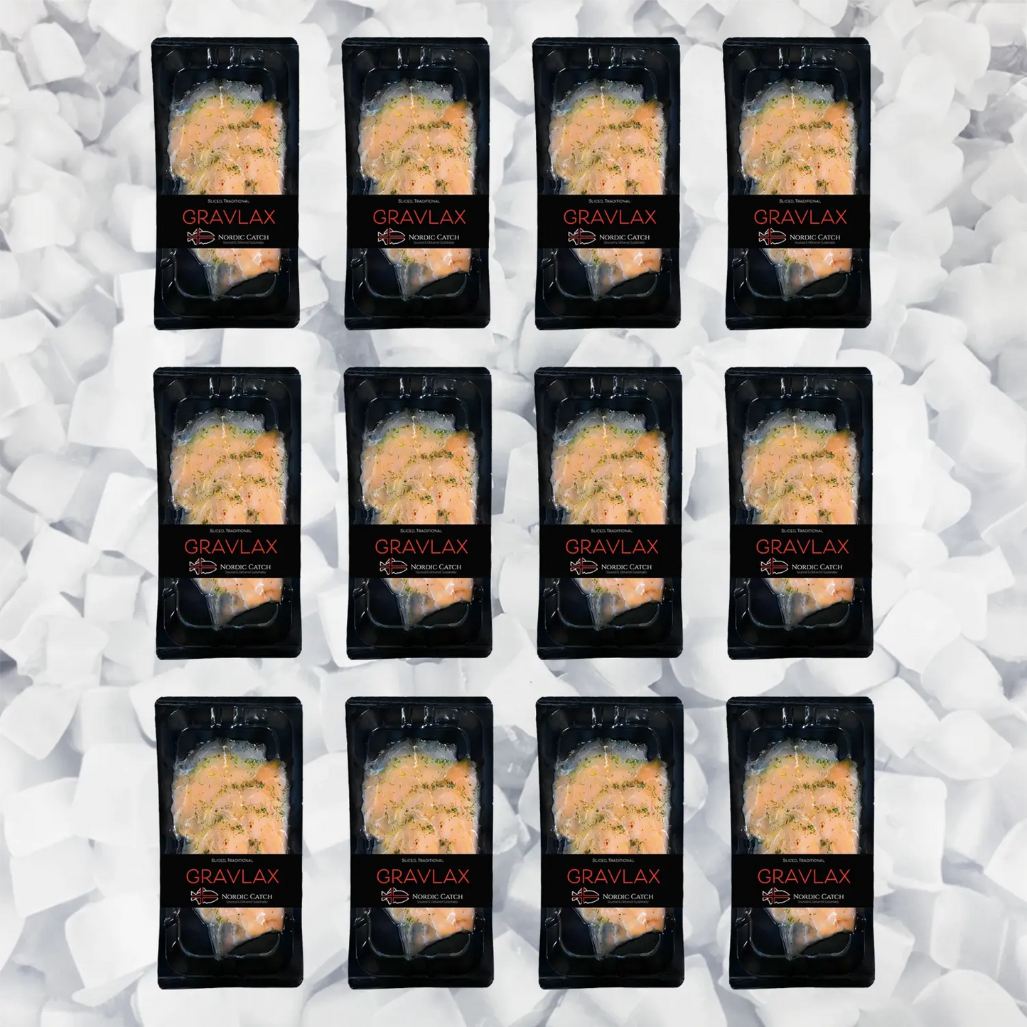 Sixteen packages of Nordic Catch Gravlax cured salmon arranged in a grid on crushed ice background