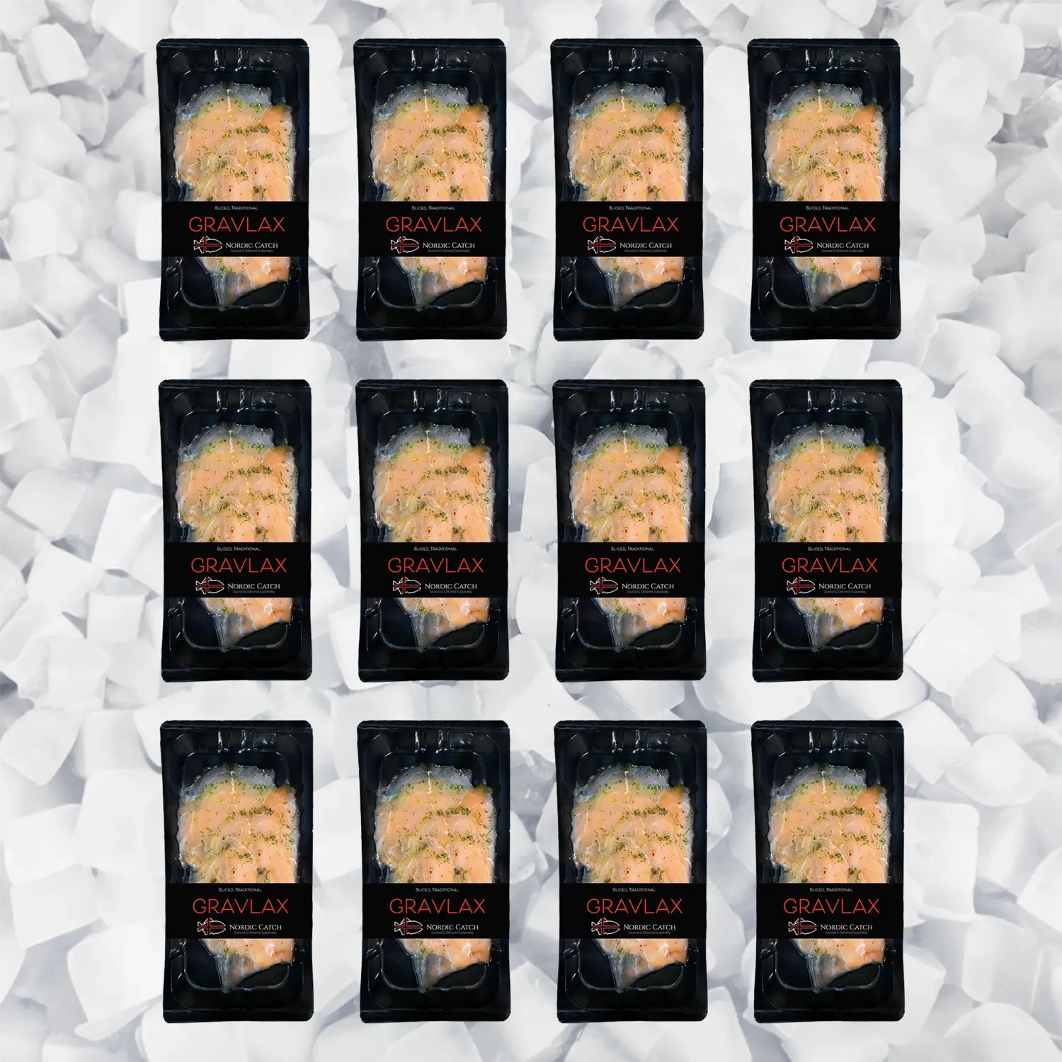 Sixteen packages of Nordic Catch Gravlax cured salmon arranged in a grid on crushed ice background