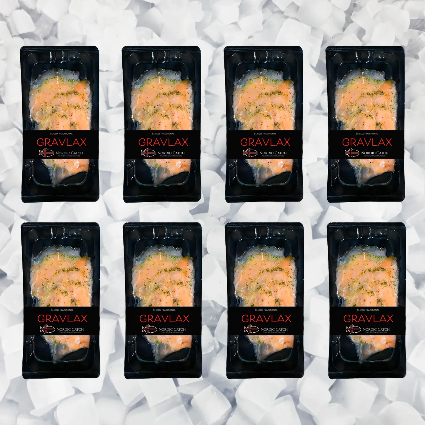 Eight packages of Nordic Catch premium Gravlax cured salmon displayed on crushed ice background