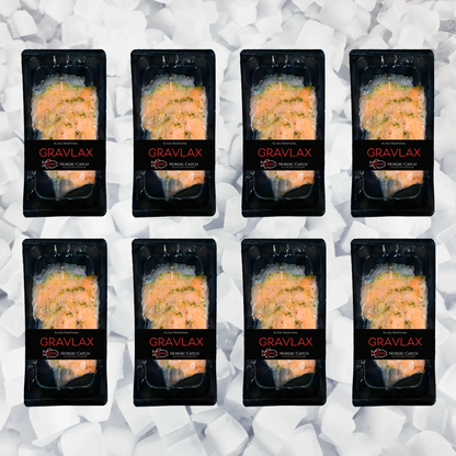Eight packages of Nordic Catch premium Gravlax cured salmon displayed on crushed ice background