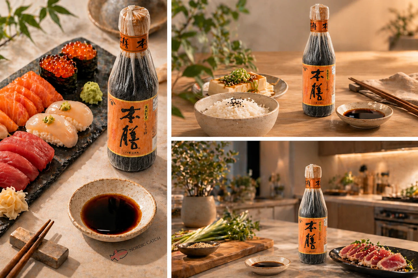 Bottle of soy sauce with a Japanese label on a dining table with sushi and rice.