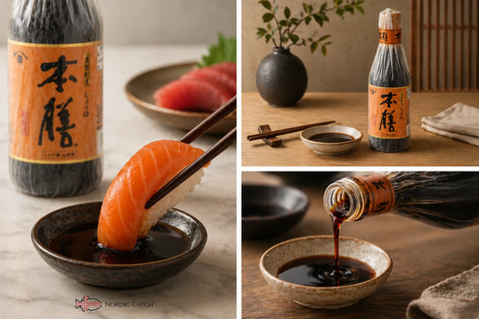 Bottle of soy sauce with a label, being poured into a bowl, and a piece of salmon with chopsticks.