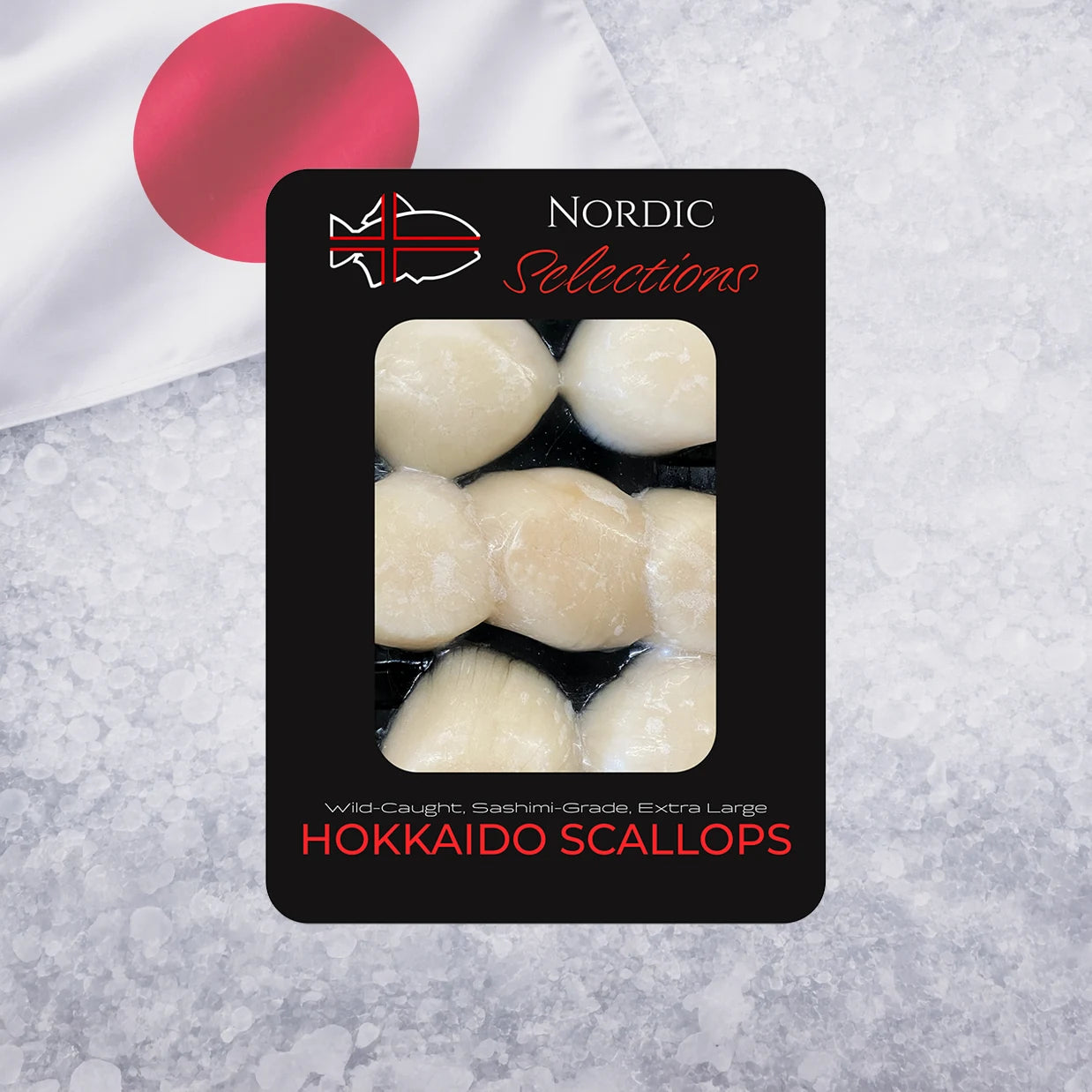 Packaging of Hokkaido scallops with 'Nordic Selections' branding on a textured surface.