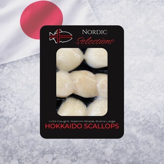 Packaging of Hokkaido scallops with 'Nordic Selections' branding on a textured surface.
