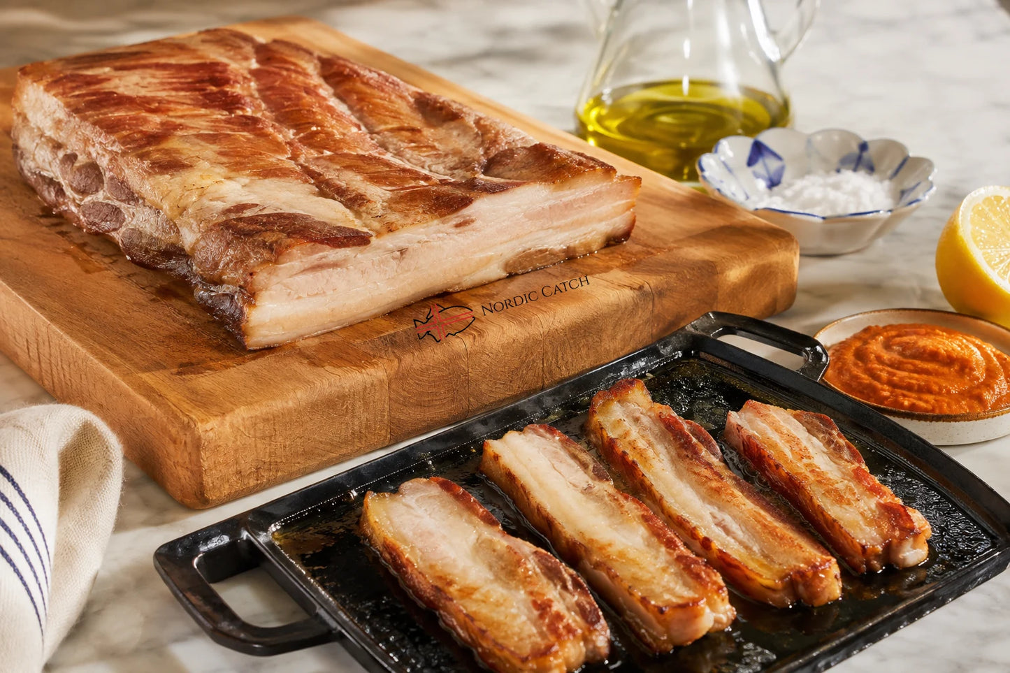 A large cut of cooked Iberico pork belly with crispy skin sits on a wooden cutting board, alongside several strips pan-fried on a black tray. Small bowls of salt, orange sauce, and lemon, plus a bottle of olive oil, are arranged on a light marble surface.