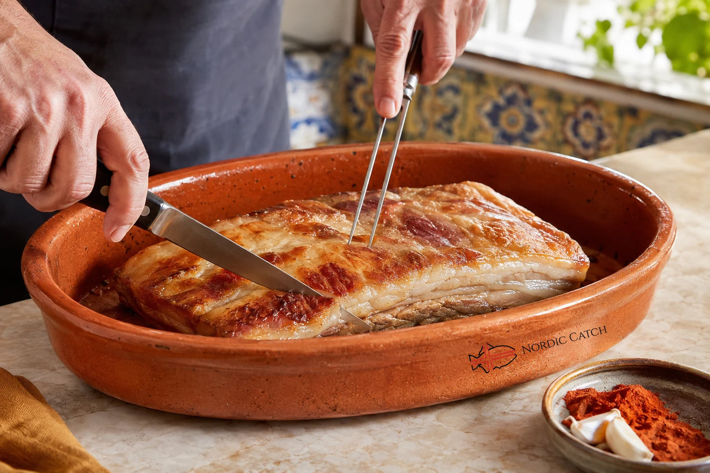 A roasted piece of Iberico pork belly in an oval terracotta dish, with hands using a knife and fork to cut into it on a kitchen counter. The dish has the brand name 'NORDIC CATCH' printed on the side.