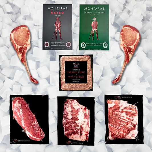 A collage of Montaraz pork products on a white icy background: two whole raw steaks, two packaged ground meats in the center, and three marbled cut packages along the bottom. Visible branding includes Montaraz.