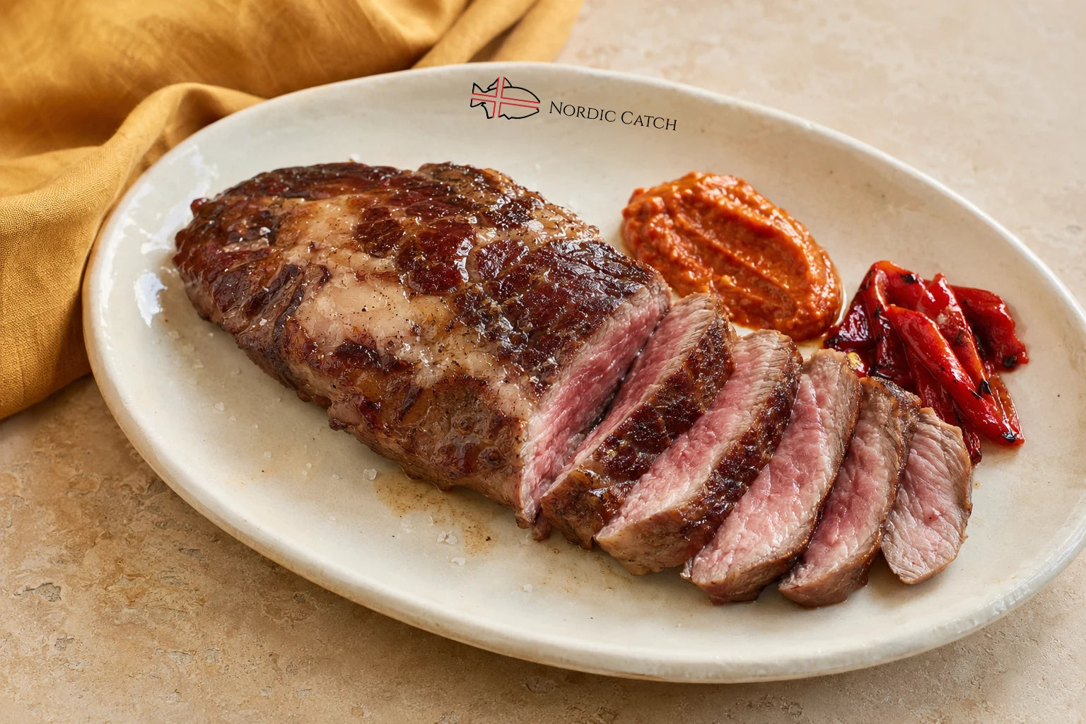 A plated sliced Iberico presa roast on a white oval plate with a mustard-colored napkin, featuring a side of orange sauce and red peppers. The plate is branded with the Nordic Catch logo.