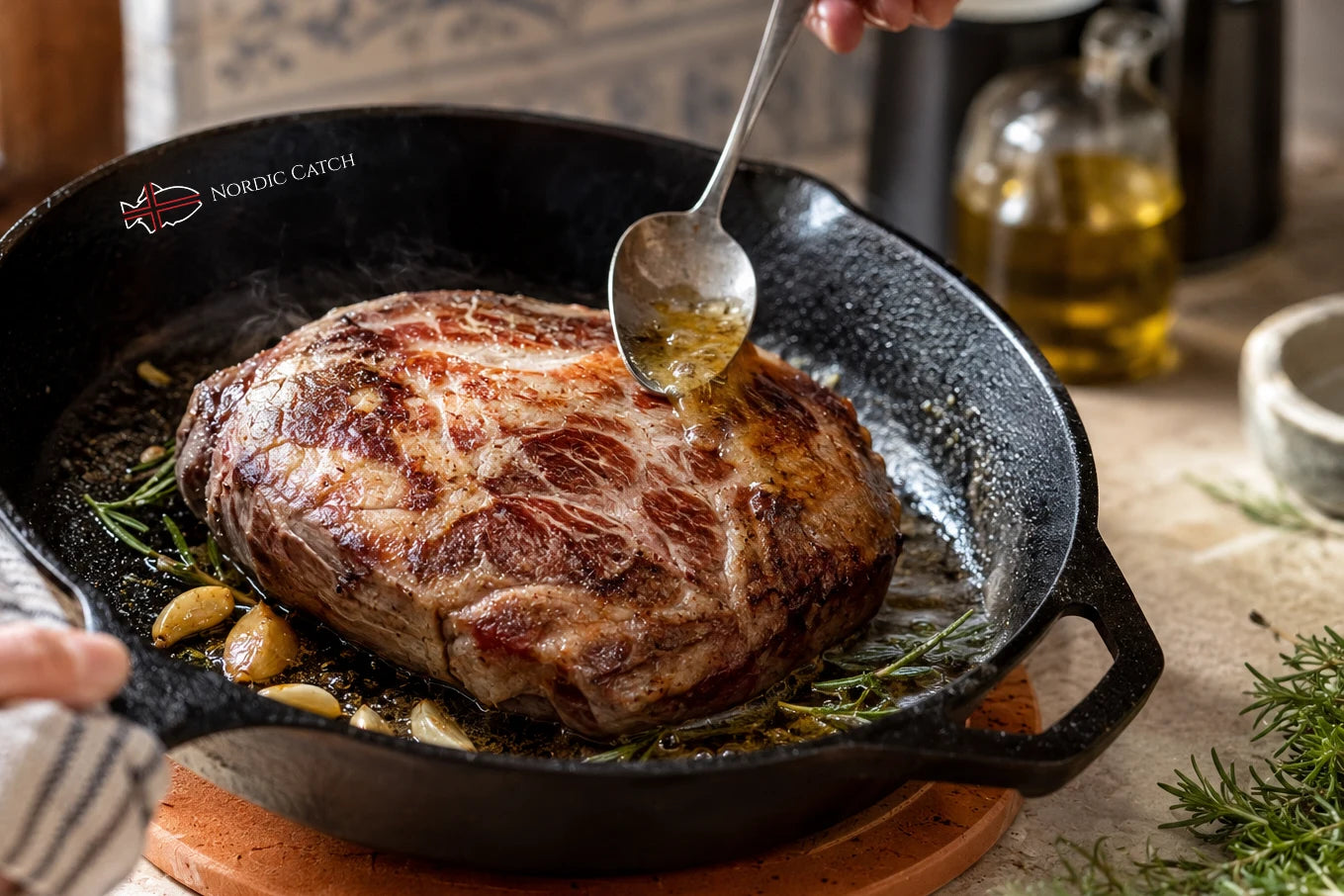 A seared Iberico presa roast in a black cast iron skillet with garlic and herbs, being basted with oil from a spoon held by a hand, in a rustic kitchen setting.