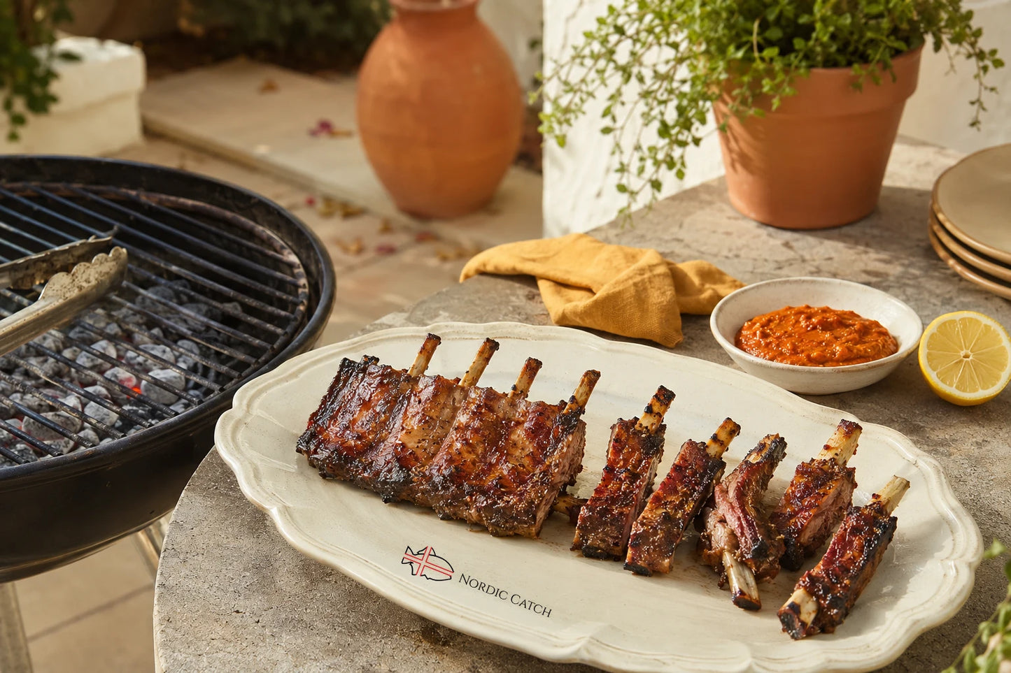 Grilled Iberico ribs served on a white platter labeled 'NORDIC CATCH' alongside a bowl of orange dipping sauce, a lemon wedge, and a charcoal grill in an outdoor patio setting.